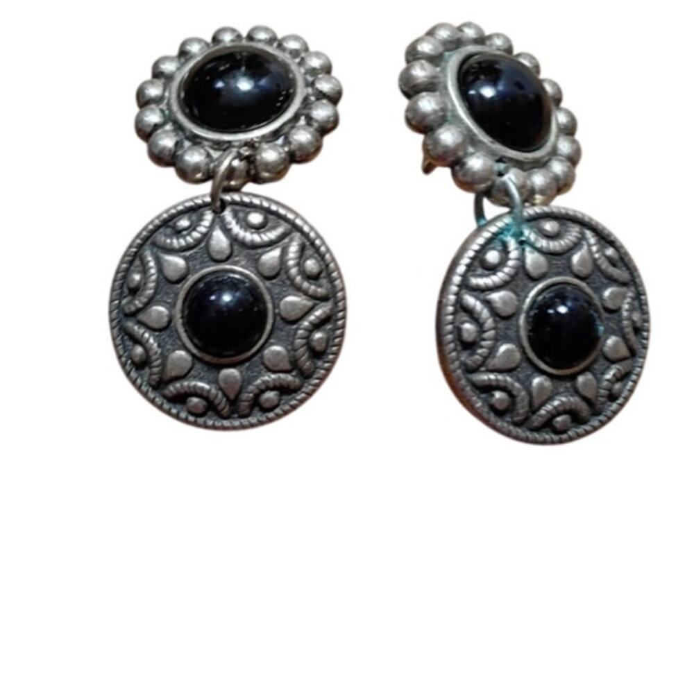Vintage Silver Plated Drop Earrings Black Onyx Cabochons